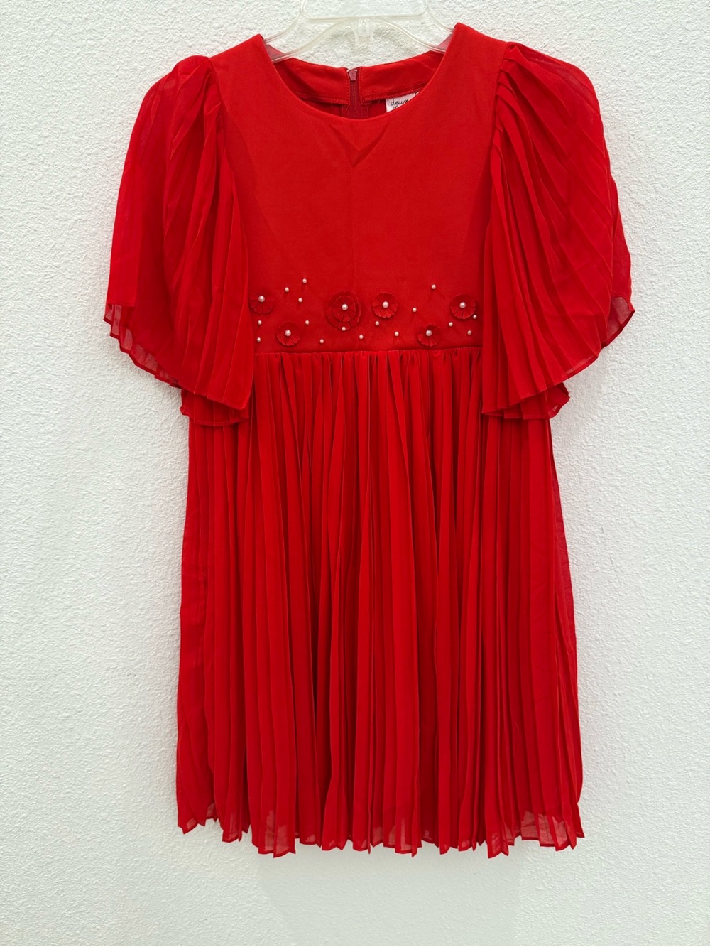 NEW deux par deux Red Pleated Party Dress with Floral and perl Bead Accents - Picture 1 of 6